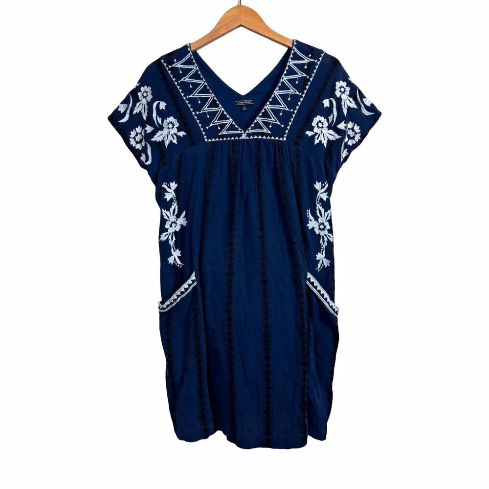 Lucky Brand Blue White Floral Embroidered V-Neck Cap Sleeve Shift Dress Size L